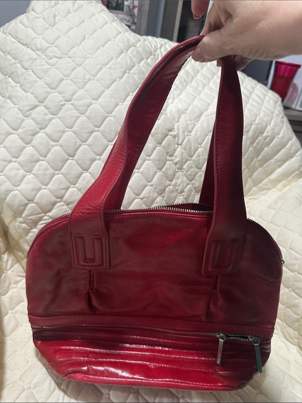 Red leather bag, many pockets, unique design